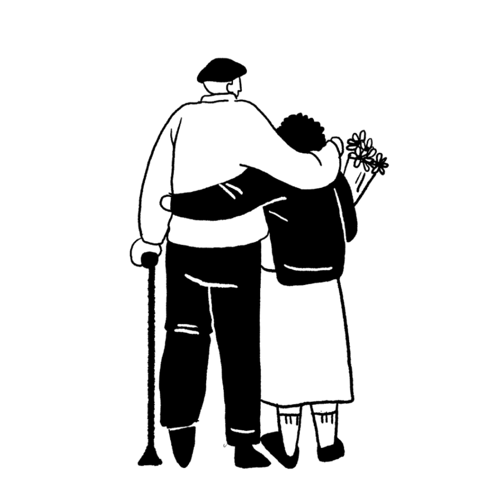 duas pessoas idosas, homem e mulher, se abraçando, uma boa velhice